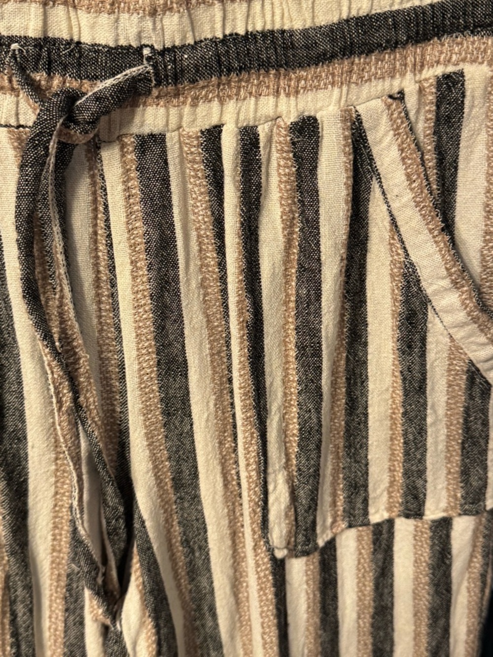 Marissa Olivia Striped Cream Beige Gray Drawstring Linen Coastal Lounge Pants - Picture 4 of 6